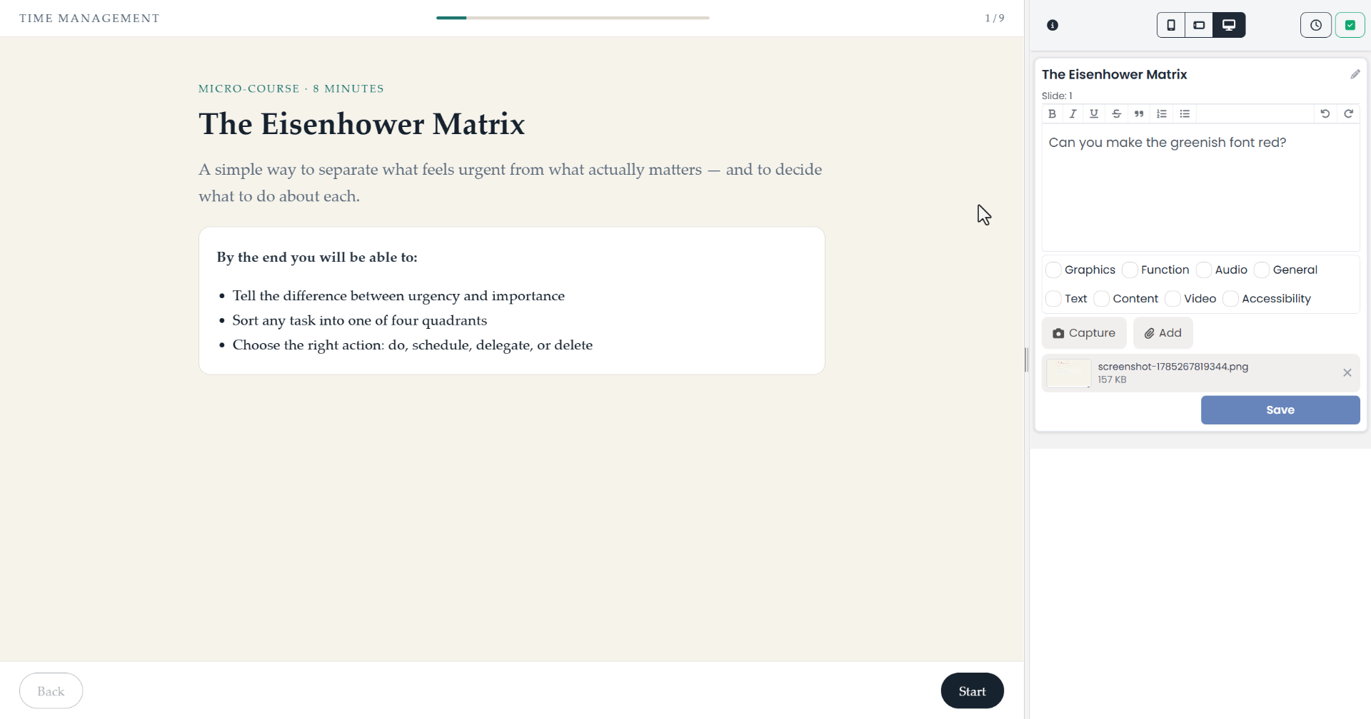 An AI-built time-management course open beside the Review My eLearning comment panel with a request to change green text to red