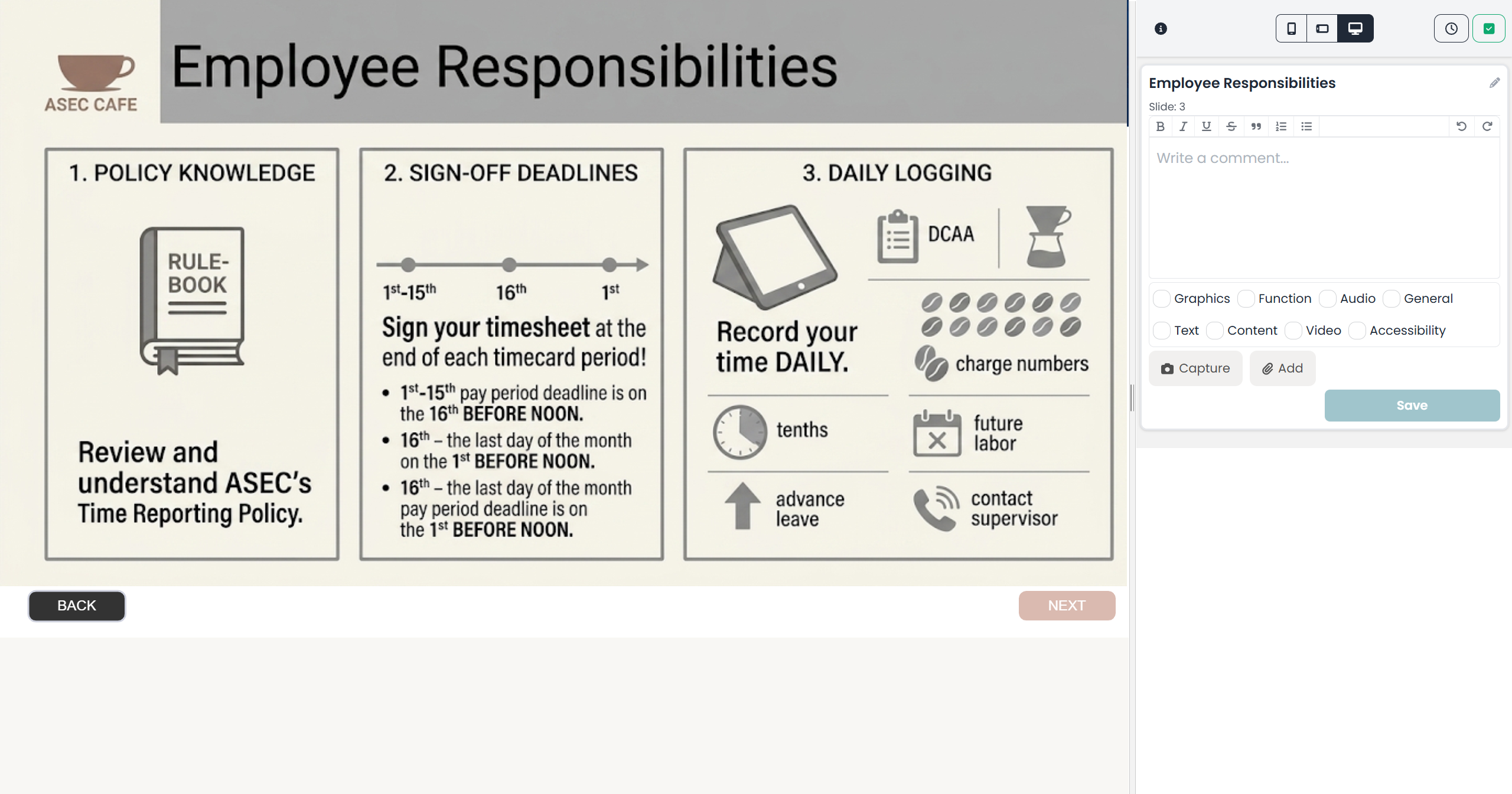 A Captivate Classic course open in the ReviewMyElearning browser review workspace with the comment pane visible