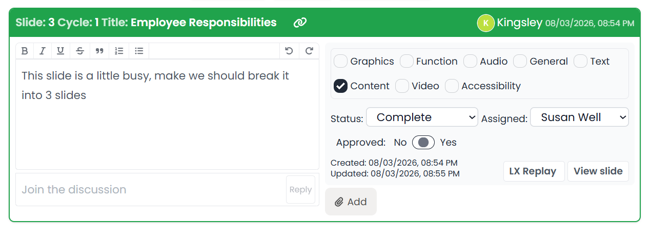 A ReviewMyElearning Captivate comment showing slide context, category, completion status, assignee and approval state