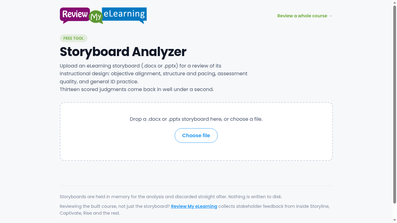 The Storyboard Analyzer home page with a drop zone for a .docx or .pptx storyboard